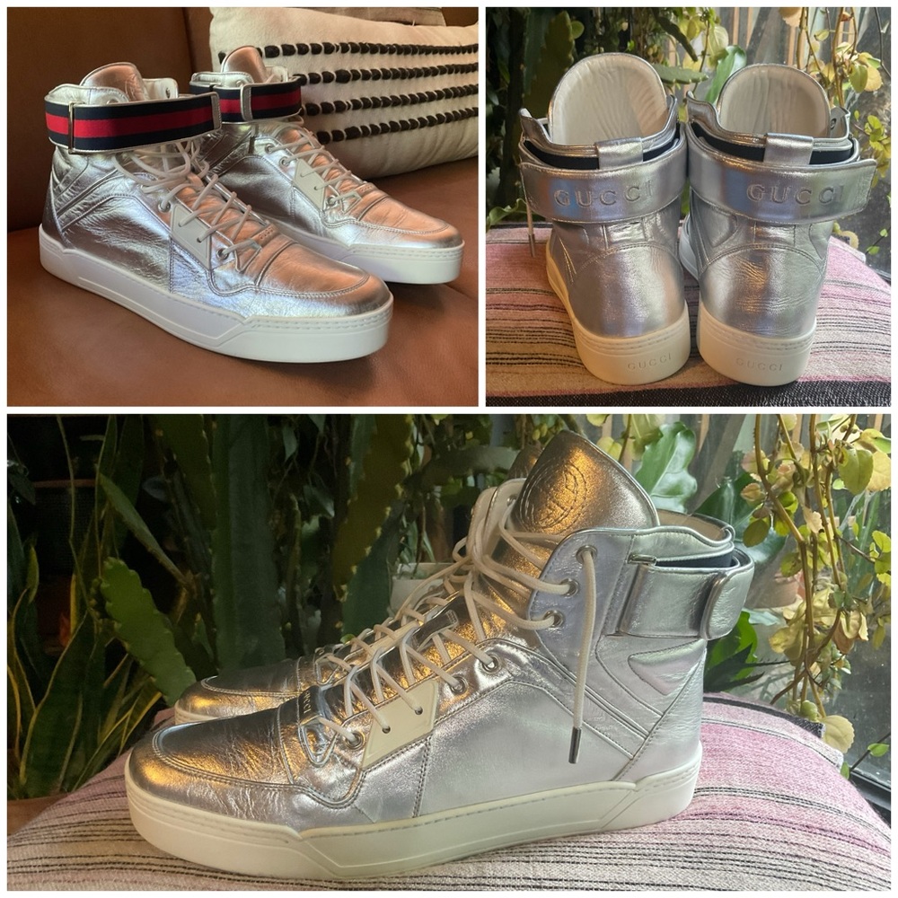Gucci Argento Metallic Silver High Top Leather Trainers Size 14